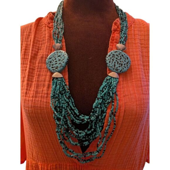 Boho Faux Turquoise Long Multi Strand Beaded Necklace With Circles - Picture 3 of 7